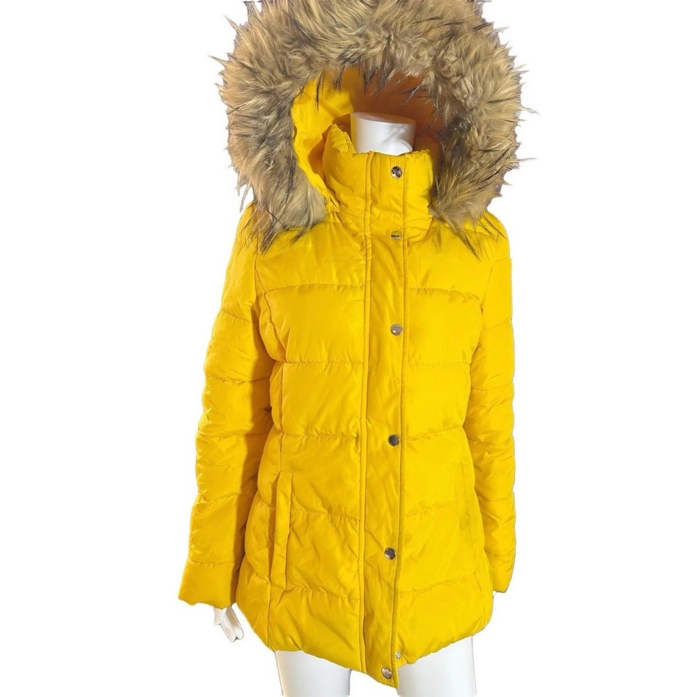 Tommy Hilfiger Puffer Jacket Small Yellow Faux Fur Hood Quilted Parka TWJLK2101